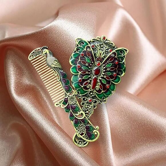 Vintage Peacock Comb & Butterfly Mirror Vanity Set | Deep Gold Green Purple main image 6